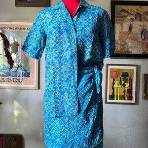 100% Silk Retro Blue and Yellow Pattern 2-pcs Skort and Button Up